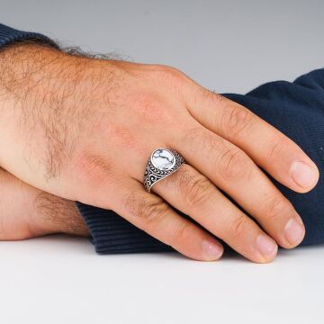 Yuvarlak Beyaz Firuze Taşlı 925 Ayar Gümüş Erkek Yüzük