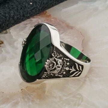 Osmanlı Devlet Armalı Büyük  Yeşil Zirkon Taşlı Erkek Yüzük