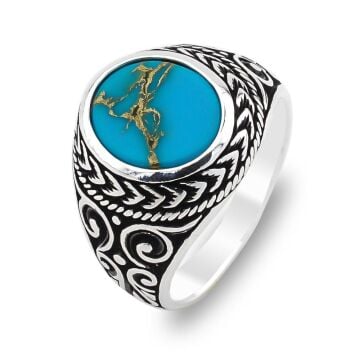 Yuvarlak Mavi Turkuaz Taşlı 925 Ayar Gümüş Erkek Yüzük