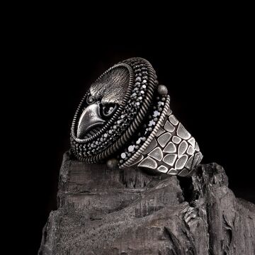 925 Ayar Gümüş Kartal Motifli Mikro Taşlı Erkek Yüzük