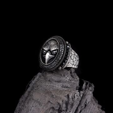 925 Ayar Gümüş Kartal Motifli Mikro Taşlı Erkek Yüzük