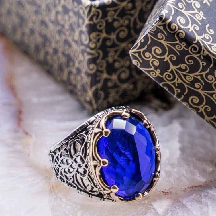 MaviZirkon Taşlı Kral Tacı Erkek Gümüş Yüzük