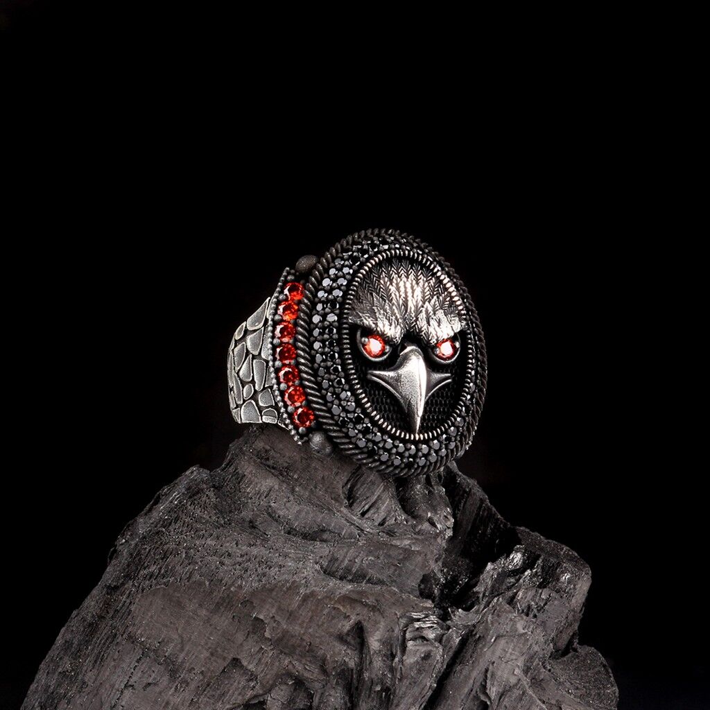 925 Ayar Gümüş Kartal Motifli Mikro Taşlı Erkek Yüzük