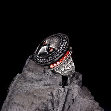 925 Ayar Gümüş Kartal Motifli Mikro Taşlı Erkek Yüzük