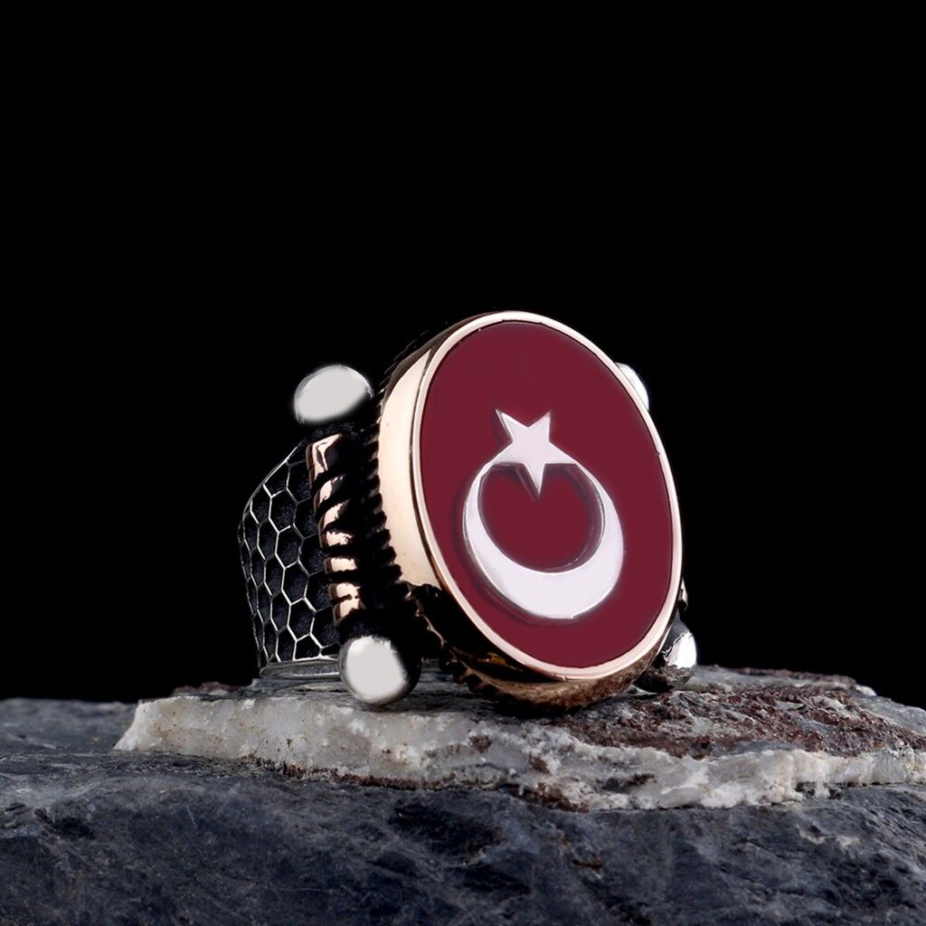 925 Ayar Gümüş Kırmızı Mineli Ayyıldız Model Erkek Yüzük