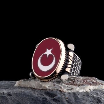 925 Ayar Gümüş Kırmızı Mineli Ayyıldız Model Erkek Yüzük