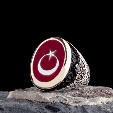 925 Ayar Gümüş Kırmızı Mineli Ayyıldız Model Erkek Yüzük