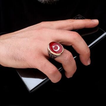 925 Ayar Gümüş Kırmızı Mineli Ayyıldız Model Erkek Yüzük