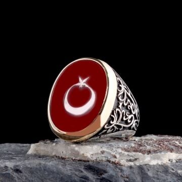 925 Ayar Gümüş Kırmızı Mineli Ayyıldız Model Erkek Yüzük