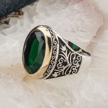 925 Ayar Gümüş Yeşil Zirkon  Taşlı Lale detaylı Erkek Yüzük