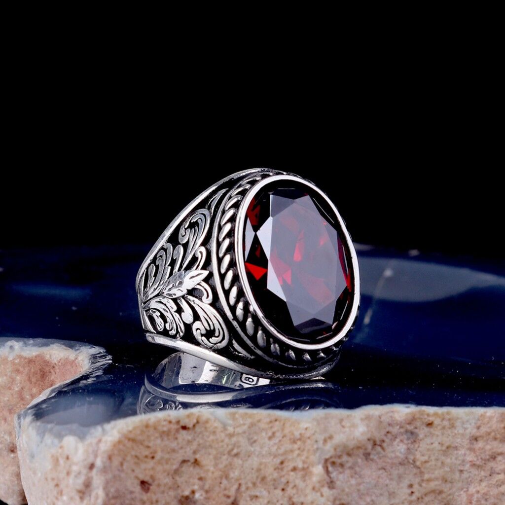 Kırmızı Zirkon Taşlı 925 Ayar Gümüş Erkek Yüzük