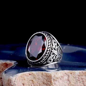 Kırmızı Zirkon Taşlı 925 Ayar Gümüş Erkek Yüzük