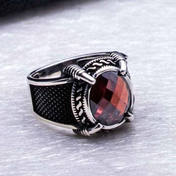 Kartal Pençesi Kırmızı Zirkon Taşlı Gümüş Yüzük