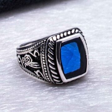 925 Ayar Gümüş Mavi Zirkon Taşlı Osmanlı Tuğrası Yüzük