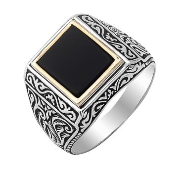 Siyah Onisk Taşlı Desenli Gümüş Erkek Yüzük