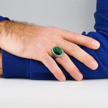 Yeşil Oval Zirkon Taşlı 925 Ayar Gümüş Erkek Yüzük