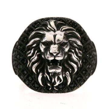 Aslan Figür Tasarımlı Mikro Taş İşlemeli 925 Ayar Gümüş Yüzük