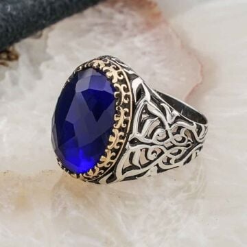 925 Ayar Gümüş Mavi Zirkon Taşlı Erkek Yüzük Model 16