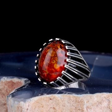 Sentetik Kehribar Taşlı 925 Ayar Gümüş Erkek Yüzük