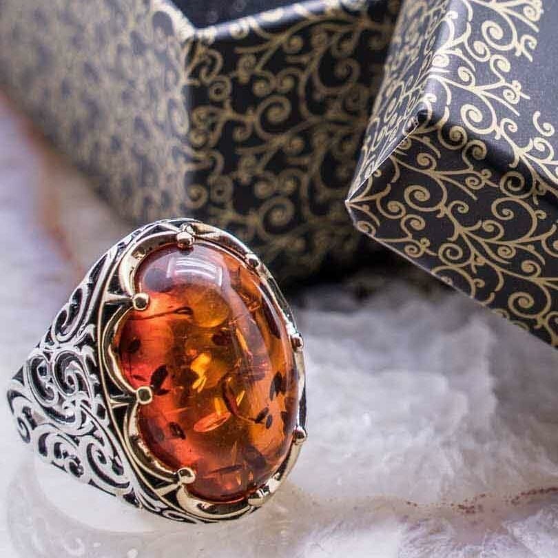 925 Ayar Gümüş Kehribar Taşlı Gümüş Yüzük