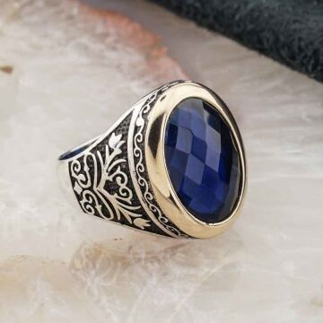 925 Ayar Gümüş Mavi Zirkon  Taşlı Erkek Yüzük Model 15