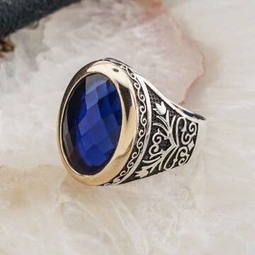 925 Ayar Gümüş Mavi Zirkon  Taşlı Erkek Yüzük Model 15