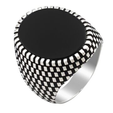 Siyah Oniks Taşlı Desenli 925 Ayar Gümüş Yüzük