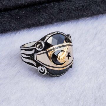 Ay Yıldız Simgeli Zirkon Taşlı Gümüş Yüzük