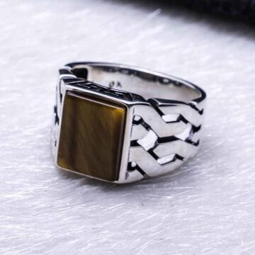 925 Ayar Gümüş Kaplan Gözü Taşlı Örgü Desenli Yüzük