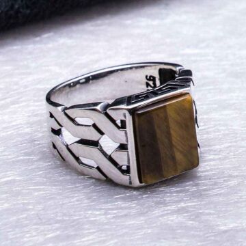 925 Ayar Gümüş Kaplan Gözü Taşlı Örgü Desenli Yüzük