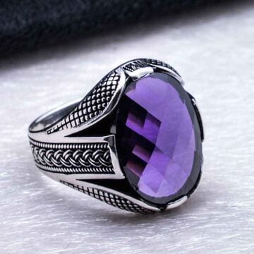 925 Ayar Gümüş Mor Zirkon Taşlı Örgü Desenli Yüzük