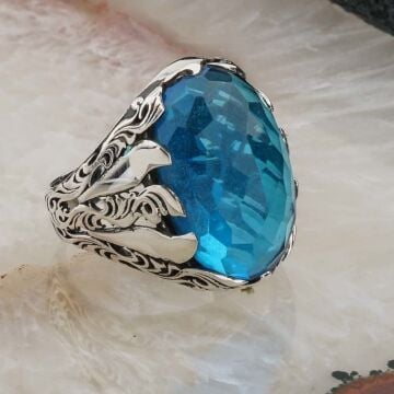 925 Ayar Gümüş Açık Mavi Zirkon Taşlı Erkek Yüzük