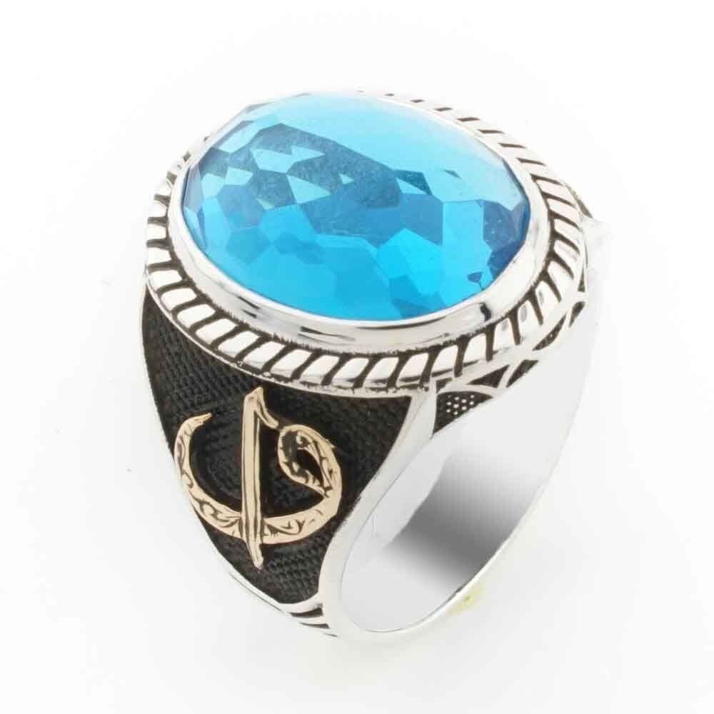 925 Ayar Gümüş Açık Mavi Zirkon Taşlı Erkek Elif Vav Detaylı Yüzük