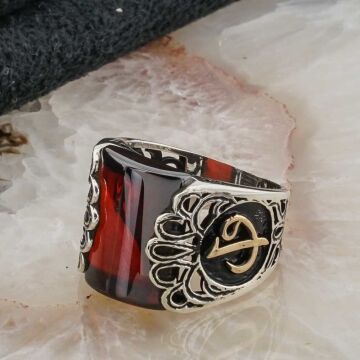 Kırmızı Taşlı Elif Vav  Erkek Gümüş Yüzük