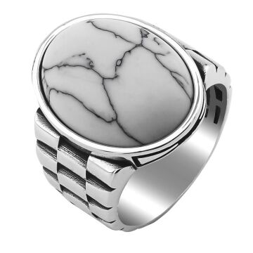 Beyaz Firuze Taşlı Saat Kordon Tasarımlı Gümüş Erkek Yüzük