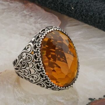 925 Ayar Gümüş  Sarı Zirkon  Taşlı Erkek  Yüzük Model 8