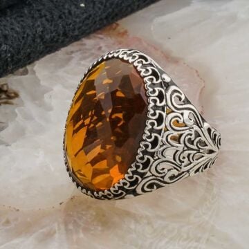 925 Ayar Gümüş  Sarı Zirkon  Taşlı Erkek  Yüzük Model 8