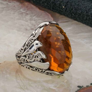 925 Ayar Gümüş Sarı Zirkon  Taşlı Erkek Yüzük Model 7