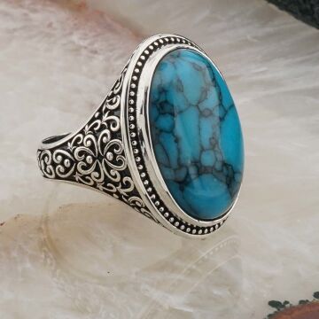 925 Ayar Gümüş Oval Firuze Taşlı Erkek Yüzük