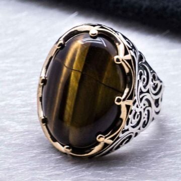 Kaplan Gözü Taşlı Kral Taçlı  Gümüş Yüzük