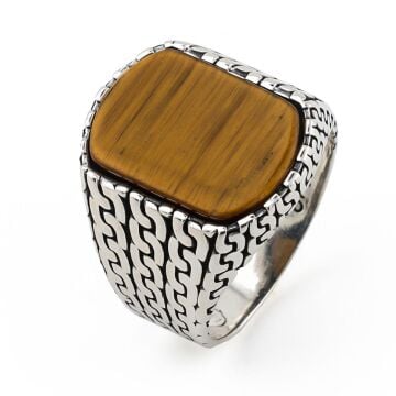 Örgü Desenli Kaplangözü Taşlı 925 Ayar Gümüş Erkek Yüzük