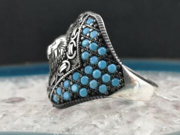 Özel Aslan Tasarımlı Mavi Mikro Taşlı 925 Ayar Gümüş Yüzük