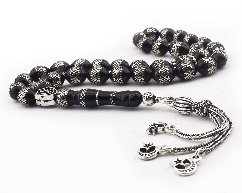 925 Ayar Gümüş İşlemeli Ayyıldız Püsküllü Erzurum Oltusu Tesbih