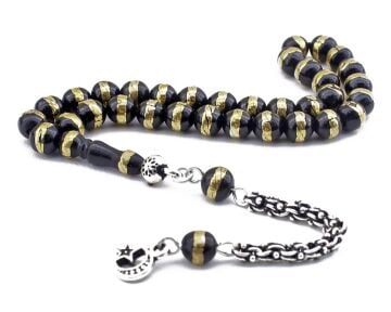 Pirinç İşleme Gümüş Ayyıldız Püsküllü Oltu Tesbih