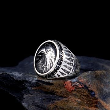 925 Ayar Gümüş Mikro Taşlı Kartal Motifli Erkek Yüzük