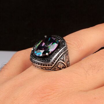 925 AYAR GÜMÜŞ MİSTİK TOPAZ TAŞLI KALEM MOTİFLİ YÜZÜK