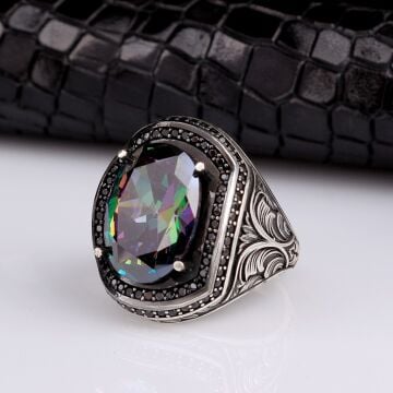 925 AYAR GÜMÜŞ MİSTİK TOPAZ TAŞLI KALEM MOTİFLİ YÜZÜK