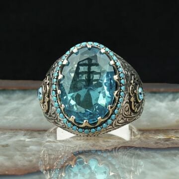 Mavi Topaz Taşlı Gümüş Erkek Yüzük