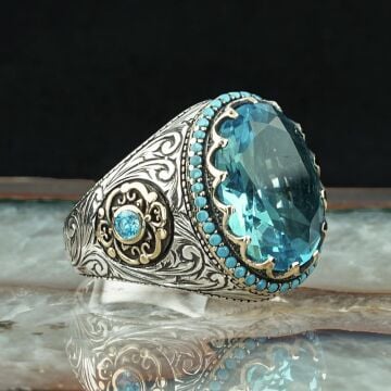 Mavi Topaz Taşlı Gümüş Erkek Yüzük