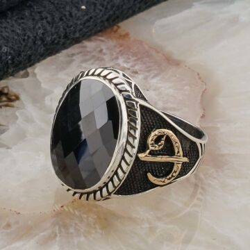 Siyah Zirkon Taşlı Elif Vav Gümüş Erkek Yüzük